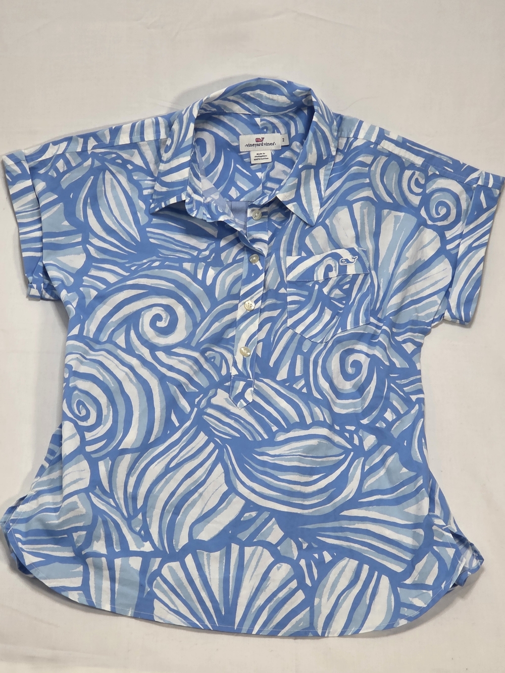 Vineyard Vines Women’s 2 Popover Shirt Blue White Seashell Shell Print Cotton SS